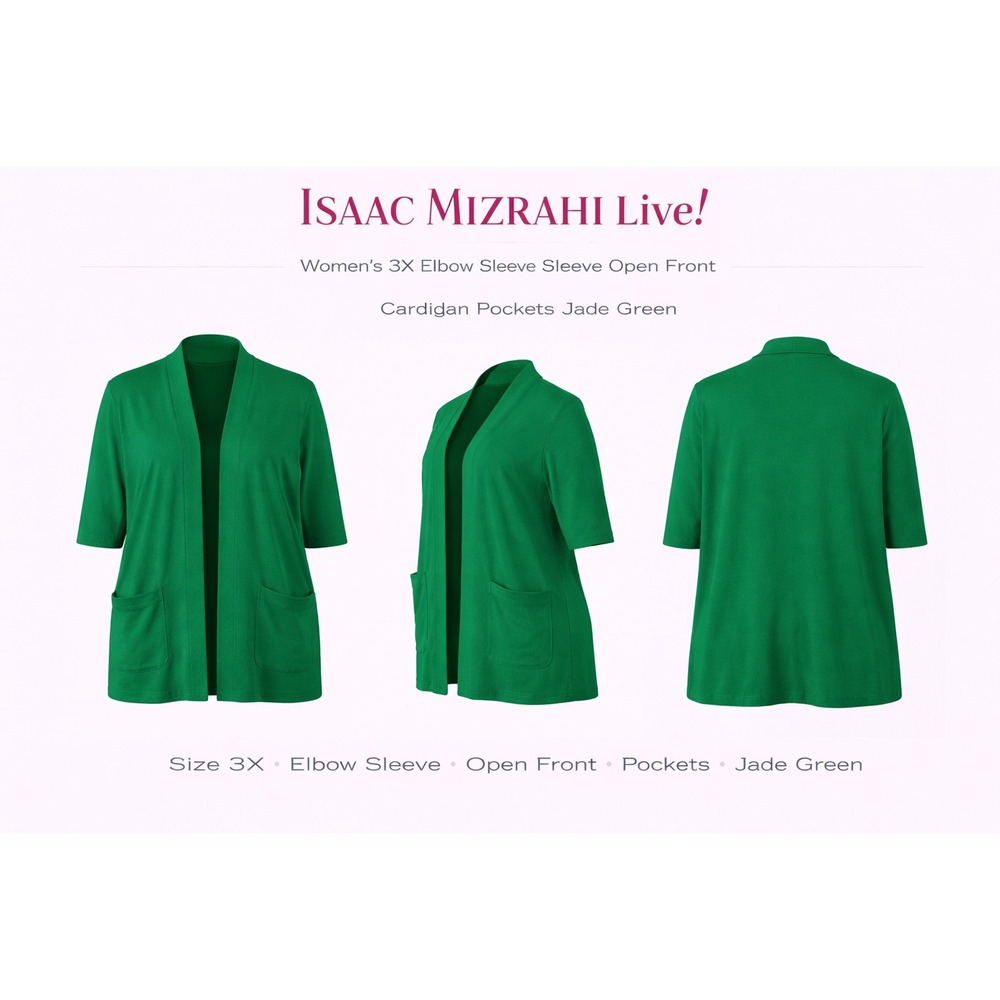 Isaac Mizrahi Live Womens 3X Jade Green Open Front Cardigan Elbow Sleeve A378726